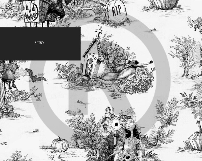 May include: Black and white illustration of a spooky Halloween scene with pumpkins, bats, a tombstone that says "RIP", and a dog house with the word "ZERO" on it.