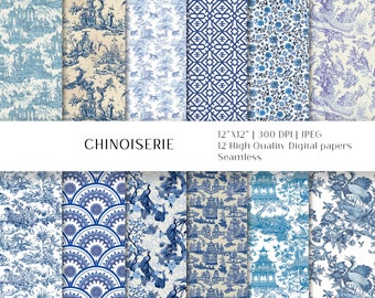 Chinoiserie Digital Paper, Blue and White Asian Patterns (Digital Download)