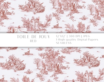 Classic Red Toile de Jouy Digital Paper, French Country Seamless Pattern (Digital Download)