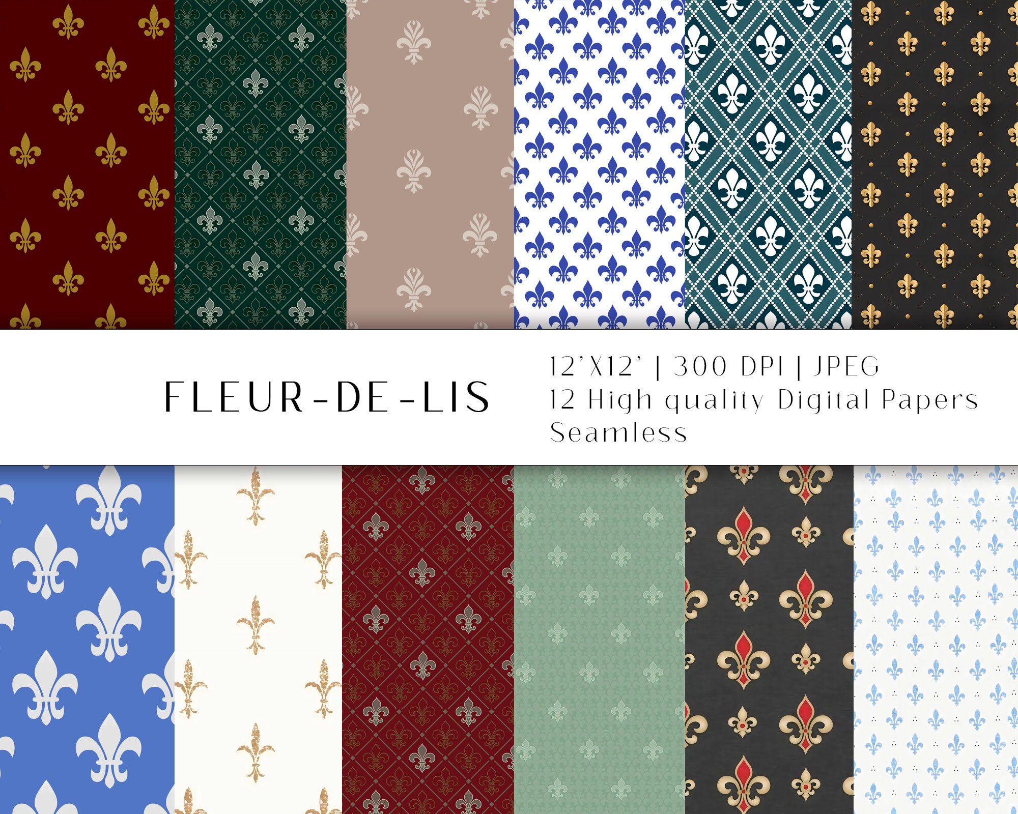 Fleur-De-Lis Seamless Patterns- 12 Digital Papers