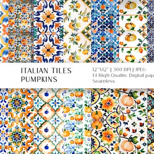 Pode incluir: 14 papéis digitais com um padrão sem costura de azulejos italianos coloridos com abóboras. Os azulejos são em tons de azul, amarelo, laranja e verde. As abóboras são laranja e têm um caule branco. O texto "ITALIAN TILES PUMPKINS" está na parte superior da imagem. O texto "12"X12" | 300 DPI | JPEG" está na parte inferior da imagem.