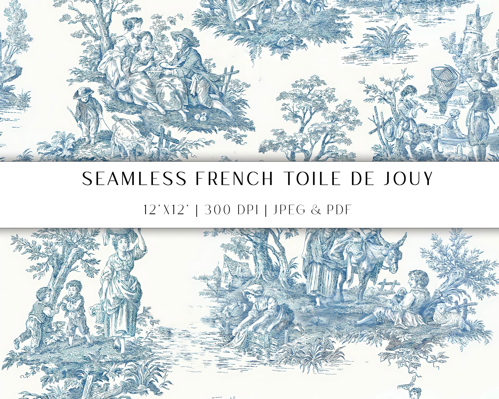 Blue Toile De Jouy Digital Paper, French Country Seamless Pattern (PDF ...