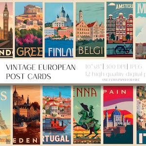 Vintage Europäische Postkarten digitales Papier - 10"x8", 300 DPI, 12er Set, sofortiger Download