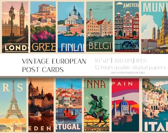 Vintage European Postcards digital paper - 10"x8", 300 DPI, set of 12, instant download