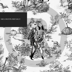 May include: Black and white illustration of Jack Skellington and Sally from The Nightmare Before Christmas in a toile pattern. The image includes text that reads "Jack Skellington and Sally".