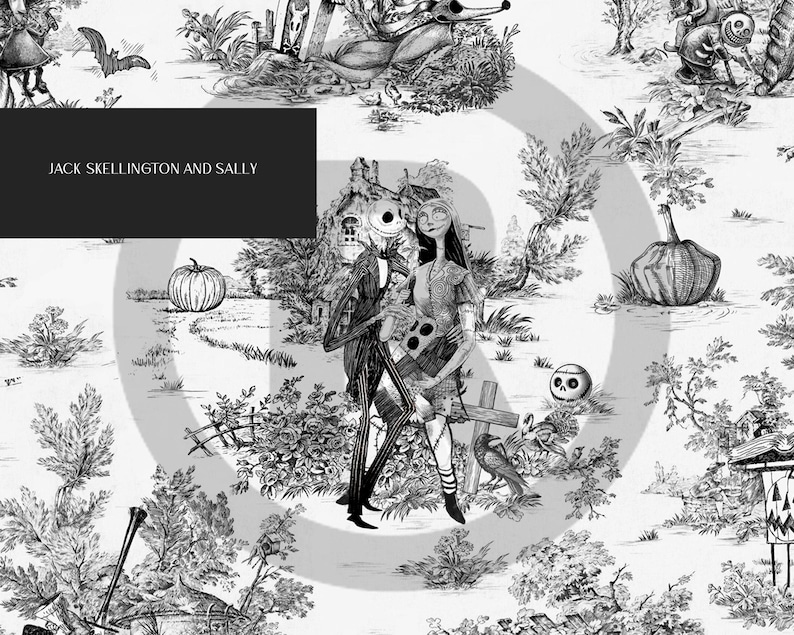 May include: Black and white illustration of Jack Skellington and Sally from The Nightmare Before Christmas in a toile pattern. The image includes text that reads "Jack Skellington and Sally".