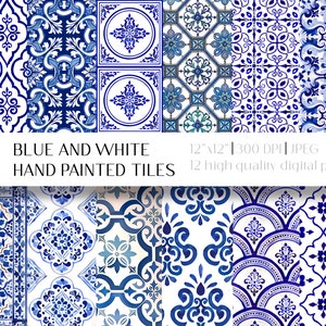 Piastrella blu e bianca dipinta a mano, senza soluzione di continuità, 300 DPI, 12&quot;x12&quot;, download istantaneo per uso commerciale
