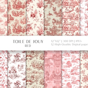 Papel digital toile, papel digital toile de Jouy, papel digital vintage rojo, papel scrapbooking, papel de boda vintage