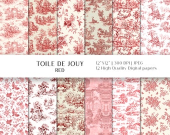 Red Toile de Jouy Digital Paper, Vintage Scrapbook (Digital Download)