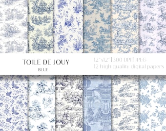 Blue Toile de Jouy Digital Paper, 12"x12" (Digital Download)