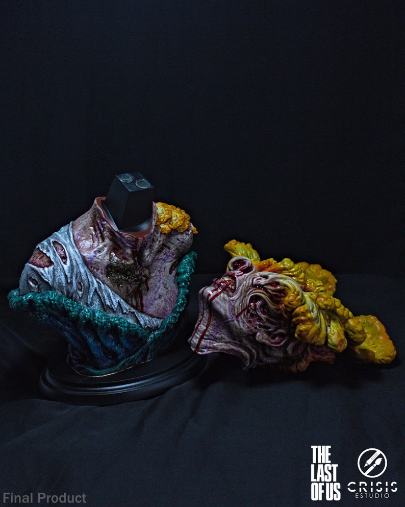 May include: A detailed bust of a creature from "The Last of Us" video game, featuring a decaying face with exposed flesh and a torn shirt. The bust is painted with realistic colors and textures, with the text "Final Product" at the bottom.