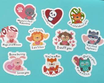 Valentine Animal puns, set of 10 stickers