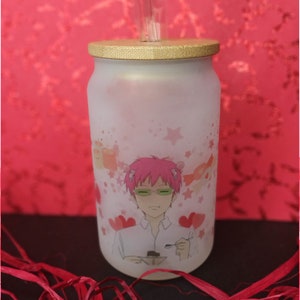 Anime Inspired Glass Cup: Valentines Psychic K Design with Bamboo Lid
