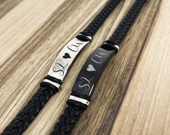 Personalized Couple Bracelets: Vegan Leather Braided Rope, Engraved Name Set