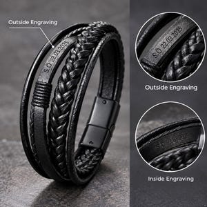 May include: A black multi-strand bracelet featuring a braided leather cord and a smooth leather strip with the engraving S.Ö 22.03.2025. The bracelet includes a black metal magnetic clasp and displays both outside and inside engraving details.