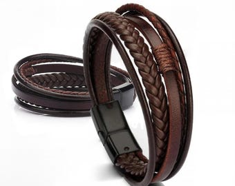 Engraved Leather Bracelet for Him - Handmade Braided Wristband - Men’s Jewelry