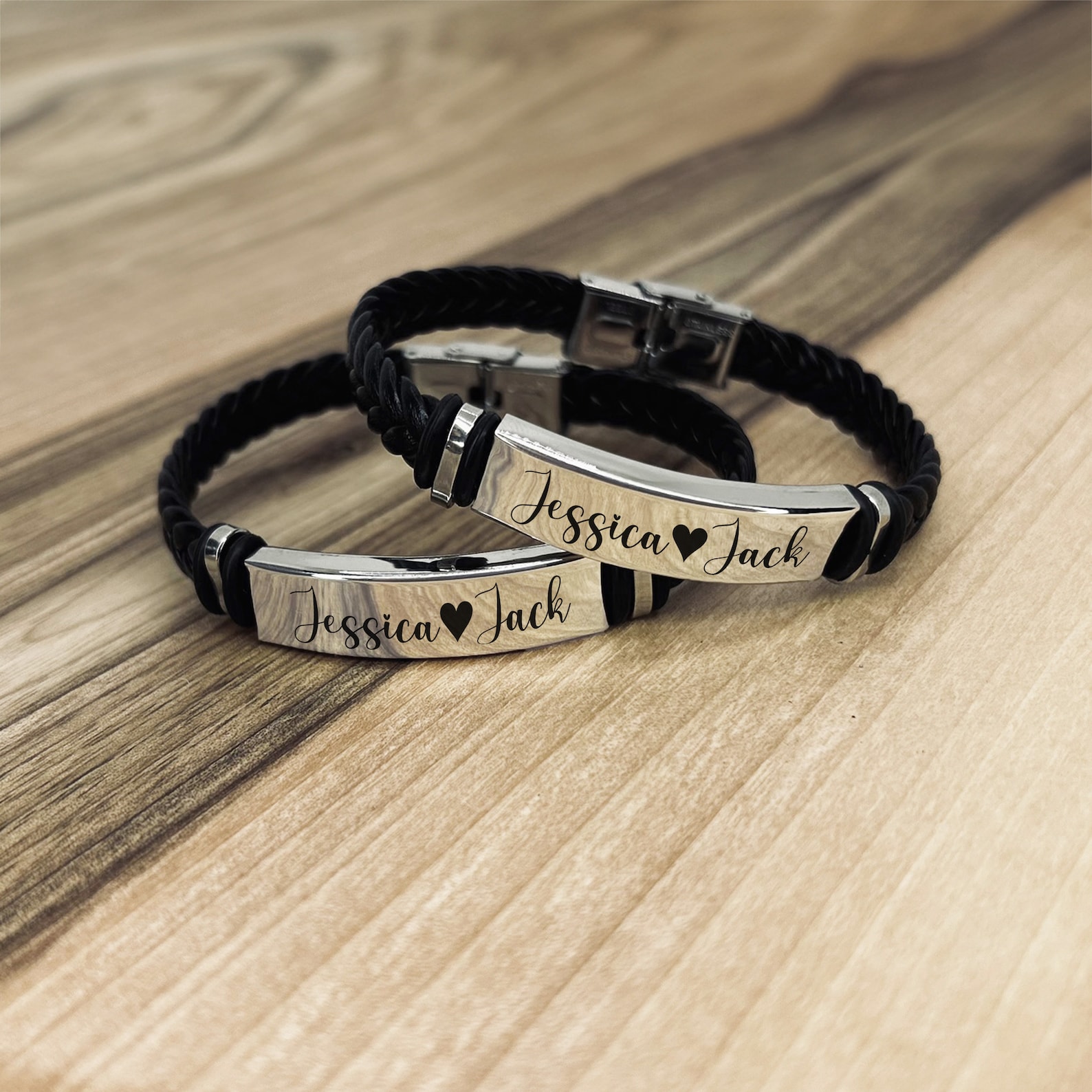 Personalized Vegan Leather Couple Bracelet Set / Engraved Name Jewelry