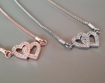 Zirconia Heart Bracelet / Dainty Steel Adjustable Bracelet
