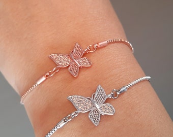 LONYOO Bracciale In Acciaio Inox Placcato Oro 18k Con Farfalla E Strass - Gioiello Regalo Per Donna - Confezione In Velluto
