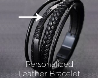 Personalised Black & Brown Leather Mens Bracelet - Engraved Name Jewelry For Men, Special Gift for Boyfriend