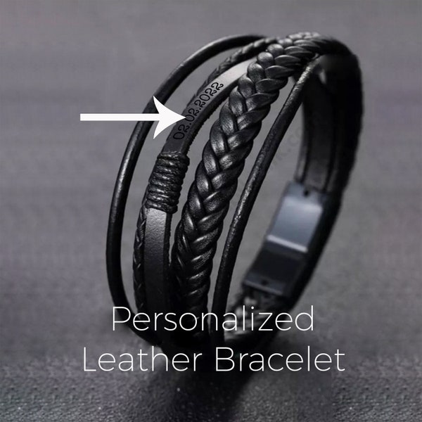 Personalised Black & Brown Leather Mens Bracelet - Engraved Name Jewelry For Men, Special Gift for Boyfriend