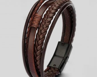 Personalized Leather Mens Bracelet: Beaded Charm, Engraved Name Jewelry