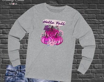 Pink Hello Fall Long Sleeve Pumpkin Shirt | Women's Fall Shirt | Pink Fall Shirt for Women | Hello Fall Pink Pumpkins Shirt