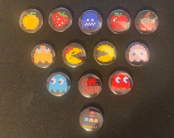 Pac-Man Pinback Buttons Retro 80s Arcade Game Badges Video Game Theme Party Favors Boys Gifts Goody Bags Vintage Nostalgia 1980s Jacket Pins