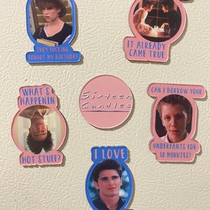 May include: A collection of pink and blue Sixteen Candles themed magnets. The magnets feature images of characters and quotes from the movie, including "I Love Jake Ryan" and "They Fucking Forgot My Birthday."