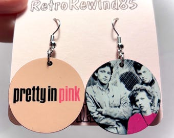 Pretty In Pink Round Earrings  80s Movie Logo Character Dangle Duckie And Andie