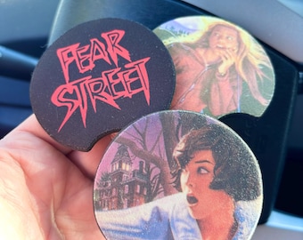 Fear Street Car Coasters – 90's Nostalgia, RL Stine Book Cover Art, gifts for readers book clubs, YA Horror Thriller, gifts for car drivers