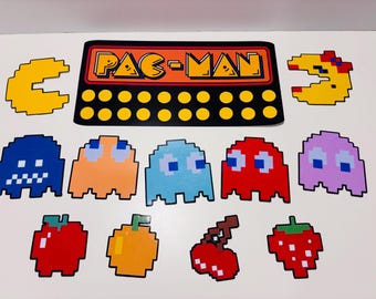 パックマン ラージ キャラクター ステッカー セット - ビンテージ オリジナル アーケード ビデオゲーム デザイン。レトロな 80 年代のポップ カルチャー、ミズ パックマン、ゲーマーへのギフト、