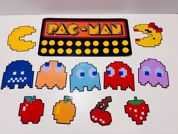 Pac-Man Large Character Sticker Set - vintage original arcade video game design. retro 80s pop culture, Ms. Pac-Man, Gifts for Gamers,