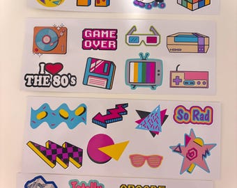 レトロな80年代テーマのステッカーシート、1980年代のポップカルチャーアート、プランナーやジャーナル用の80年代風のペーパーステッカーセット、ジェネレーションXへのギフト、AIなし！