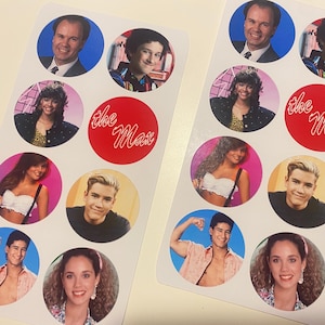 May include: Two sheets of stickers featuring images of the cast of the television show "Saved by the Bell." Each sticker is a circle with a photo of a cast member. The text "the Max" is on a red circle.
