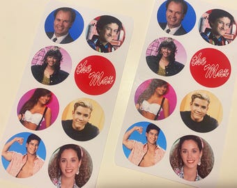 May include: Two sheets of stickers featuring images of the cast of the television show "Saved by the Bell." Each sticker is a circle with a photo of a cast member. The text "the Max" is on a red circle.