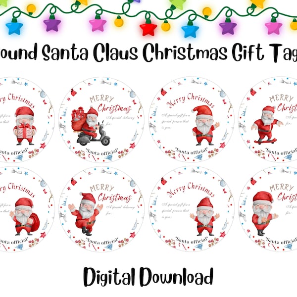 Printable Round Christmas Gift Tags, Watercolor Santa Claus Circle Tags, DIY Present Tags, 2 inch, 2.5 inch, Festive Labels, JPEG PDF Files