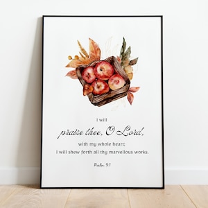 Psalm 9:1 Lob thee O Lord, Thanksgiving KBF Bibelvers, druckbare Herbst Wandkunst, DIY Erntedankkarten, Aquarell rot Apfelkorb