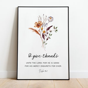 Salmo 136: 1 Dar gracias, Acción de Gracias versículo bíblico KJV, arte de pared de otoño imprimible, tarjetas de acción de gracias de bricolaje, su misericordia perdura para siempre cartel