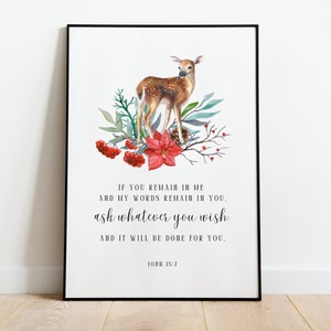 Johannes 15:7, Afdrukbare Kerstbijbel Vers Wall Art, Whatever You Wish, Aquarel Hert, DIY Kerstkaarten Ambachten, Kerstmis Schrift
