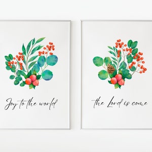 Alegría para el mundo el Señor ha venido conjunto de 2, arte mural navideño imprimible, tarjetas de Navidad de bricolaje, hojas de acuarela y bayas rojas