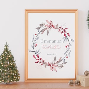 Matthieu 1: 23, Art mural imprimable de la Bible de Noël, Emmanuel Dieu avec nous, Couronne d’aquarelle, Artisanat de cartes de Noël DIY, Feuille d’argent rouge