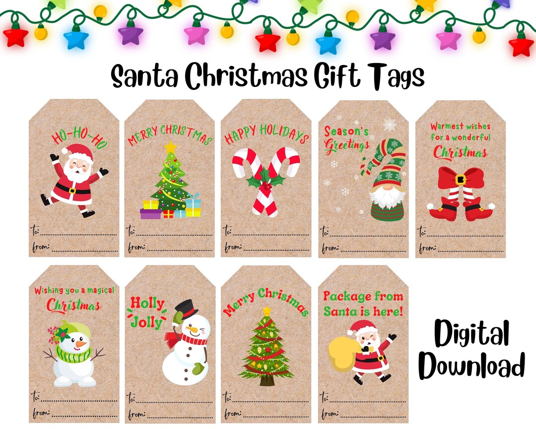 Printable Christmas Gift Tags, Santa Claus Christmas Tags, DIY Christmas Present Tags, Festive ...