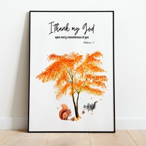Philippiens 1:3, verset biblique KJV de Thanksgiving, art mural d’automne imprimable, carte de Thanksgiving DIY, érable orange aquarelle avec des écureuils