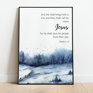 Matthew 1:21 KJV, Printable Christmas Bible Verse Wall Art, Watercolor Blue Winter Landscape, diy Christmas Cards, PDF JPEG poster print