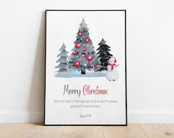 Luke 2:14 KJV, Printable Christmas Bible Verse Wall Art, Glory to God, Watercolor Christmas Tree and Snowman, DIY Christmas Cards Crafts