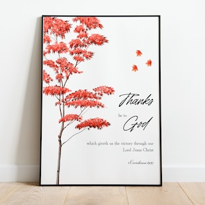 1 Corintios 15:57 Gracias a Dios, Acción de Gracias versículo bíblico KJV, arte de pared de otoño imprimible, tarjetas de acción de gracias de bricolaje, acuarela árbol de arce rojo