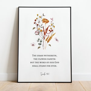 Isaías 40:8 La hierba se marchita, verso bíblico KJV de acción de gracias, arte de pared de otoño imprimible, tarjetas de acción de gracias de bricolaje, impresiones florales de otoño de acuarela