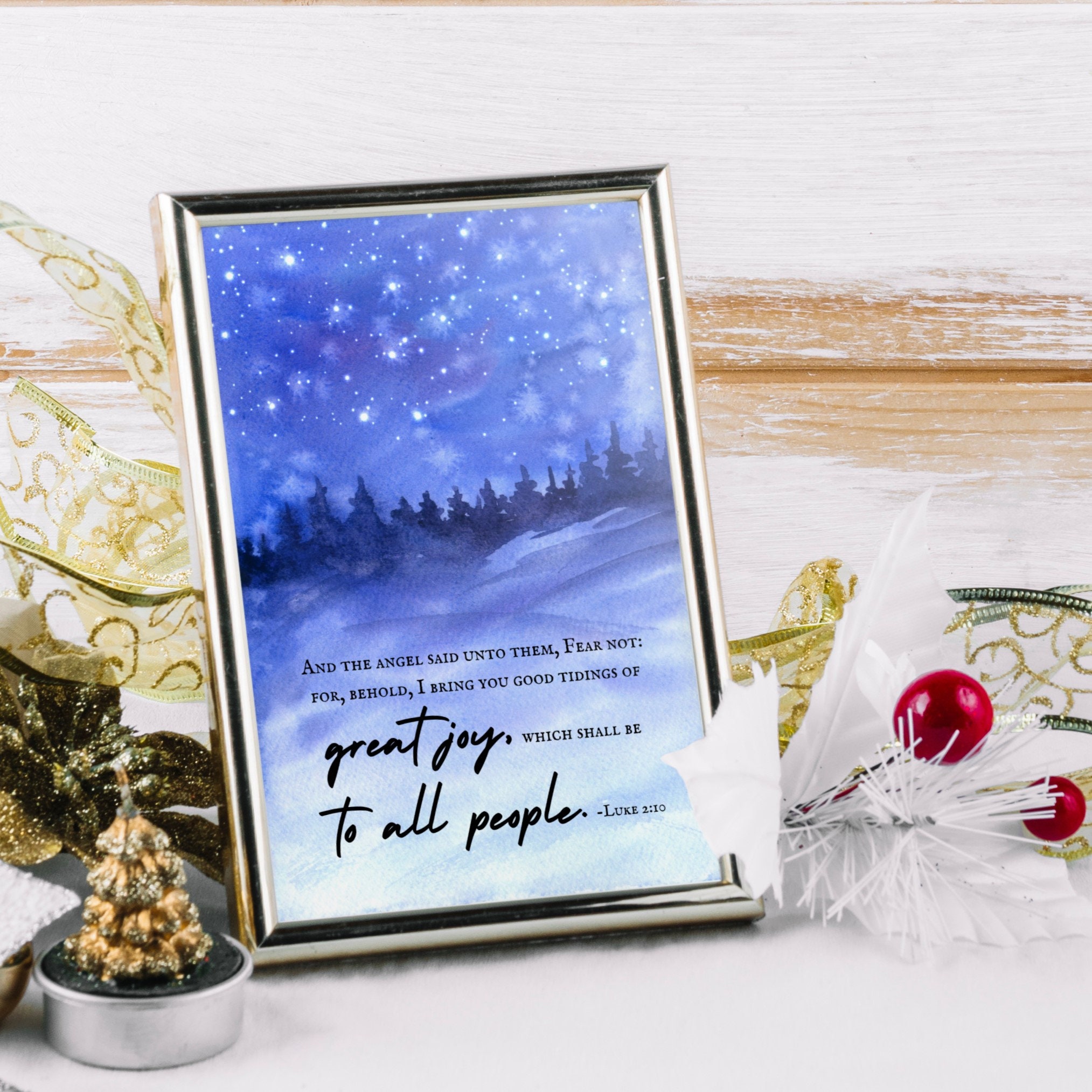 Luke 2:10 KJV, Printable Christmas Bible Verse Wall Art, Watercolor Blue Winter, DIY Christmas ...