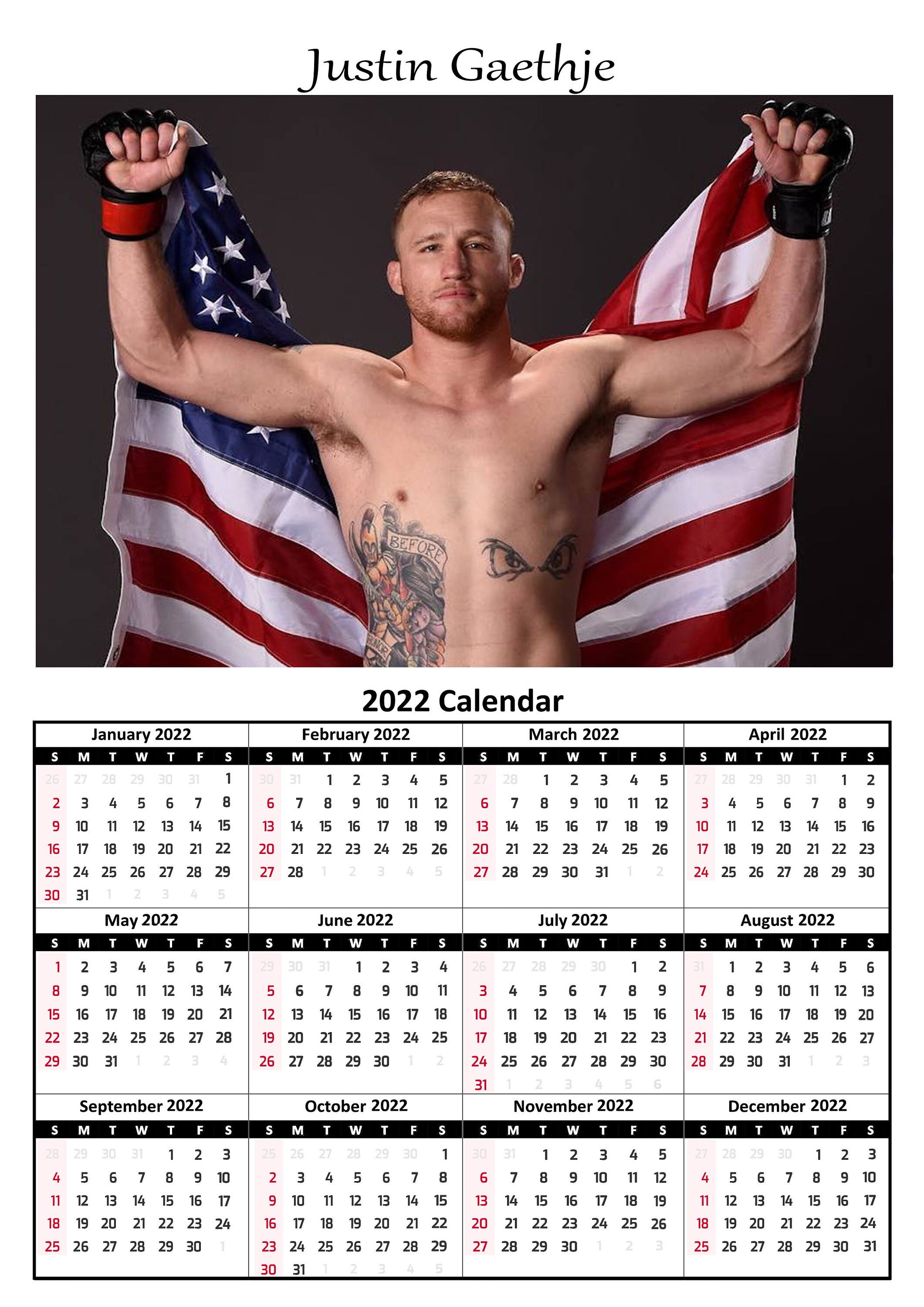 Justin Gaethje Calendar 2022 A4 Ufc Poster Foto Art Decor | Etsy
